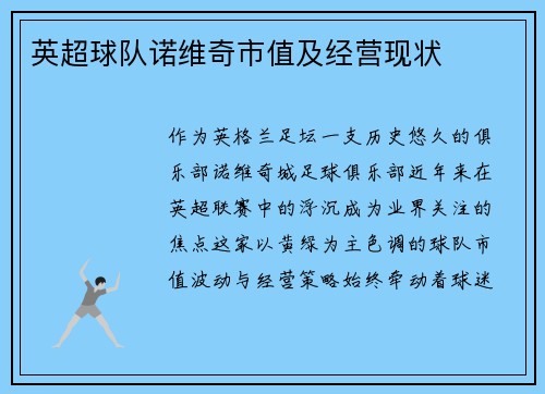 英超球队诺维奇市值及经营现状