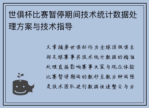 世俱杯比赛暂停期间技术统计数据处理方案与技术指导