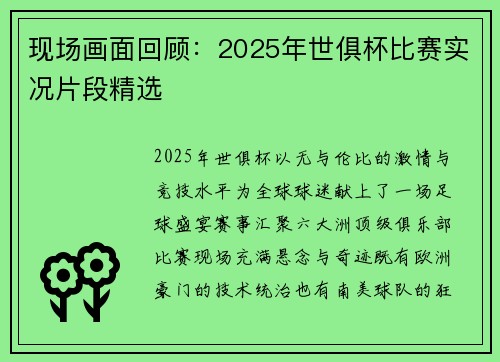 现场画面回顾：2025年世俱杯比赛实况片段精选