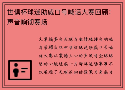 世俱杯球迷助威口号喊话大赛回顾：声音响彻赛场