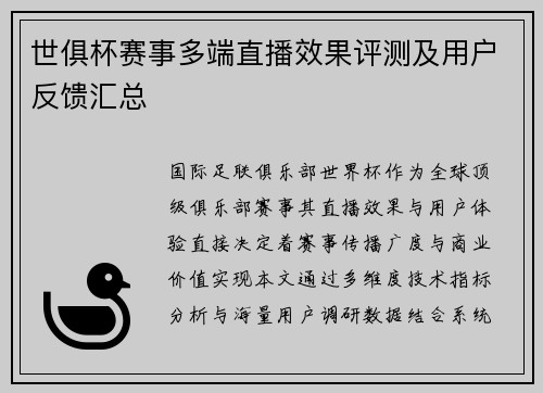 世俱杯赛事多端直播效果评测及用户反馈汇总