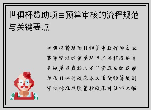 世俱杯赞助项目预算审核的流程规范与关键要点