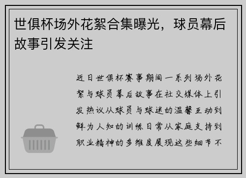 世俱杯场外花絮合集曝光，球员幕后故事引发关注